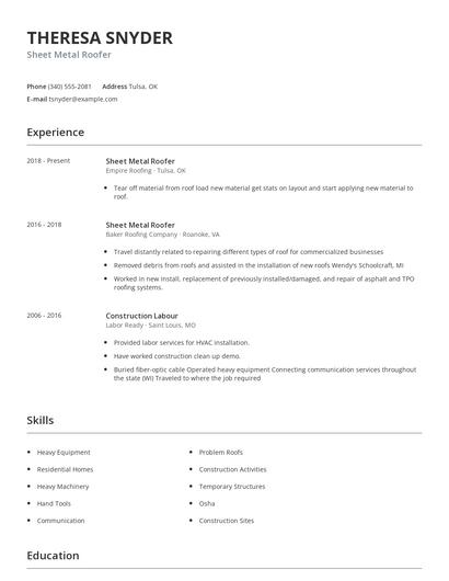 Sheet Metal Roofer Resume