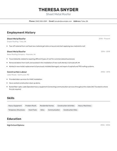 Sheet Metal Roofer Resume