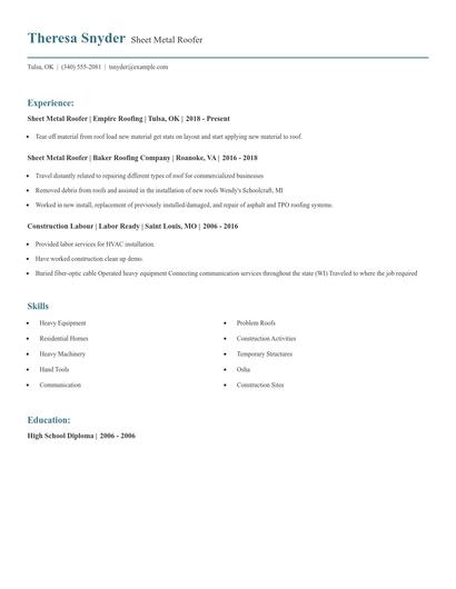 Sheet Metal Roofer Resume