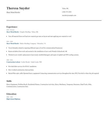 Sheet Metal Roofer Resume
