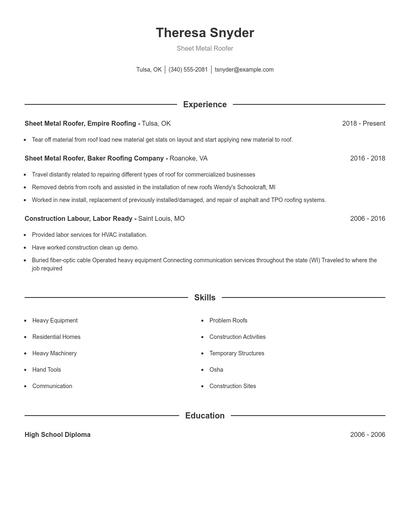 Sheet Metal Roofer Resume