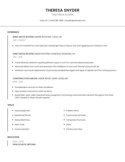 Sheet Metal Roofer Resume