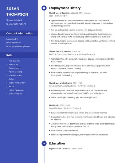 Sheet Metal Superintendent Resume