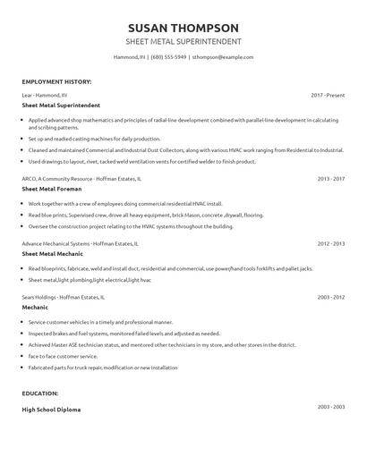 Sheet Metal Superintendent Resume