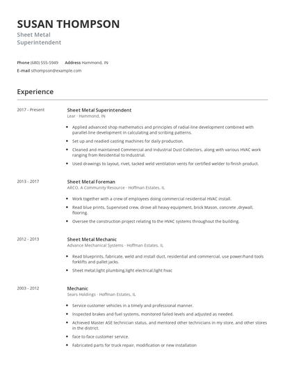 Sheet Metal Superintendent Resume