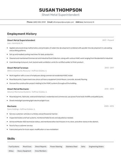 Sheet Metal Superintendent Resume