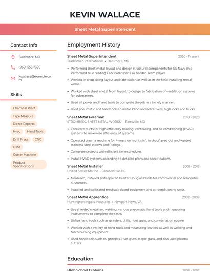 Sheet Metal Superintendent Resume