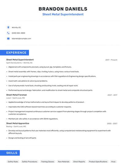 Sheet Metal Superintendent Resume