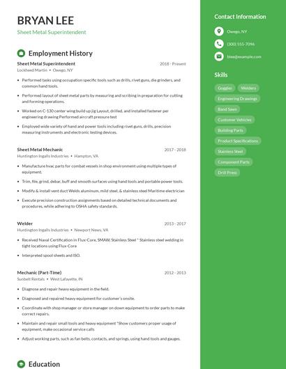 Sheet Metal Superintendent Resume