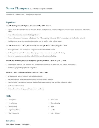 Sheet Metal Superintendent Resume