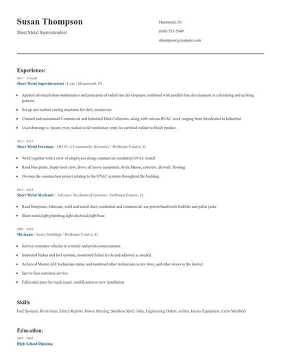 Sheet Metal Superintendent Resume