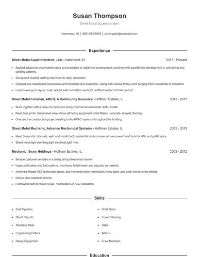 Sheet Metal Superintendent Resume