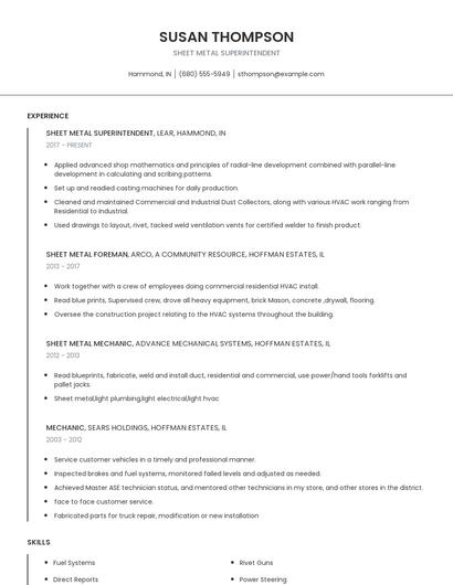 Sheet Metal Superintendent Resume