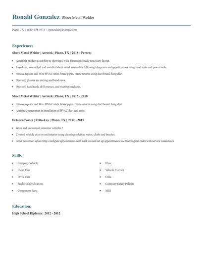Sheet Metal Welder Resume