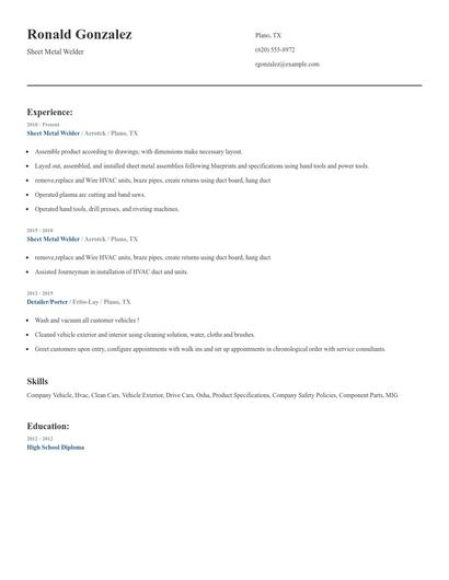 Sheet Metal Welder Resume