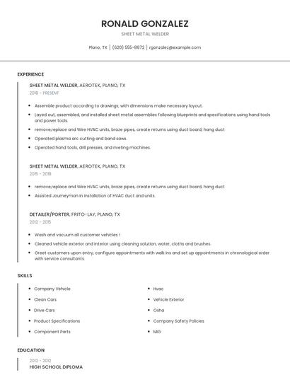 Sheet Metal Welder Resume