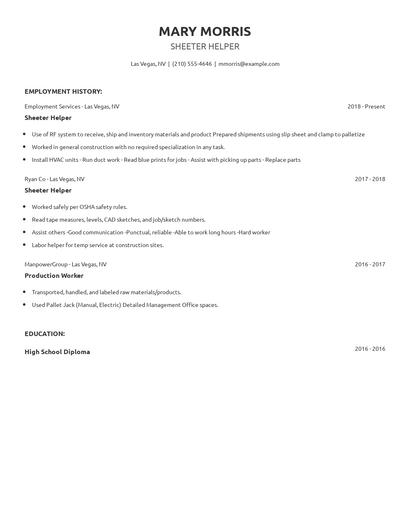 Sheeter Helper Resume