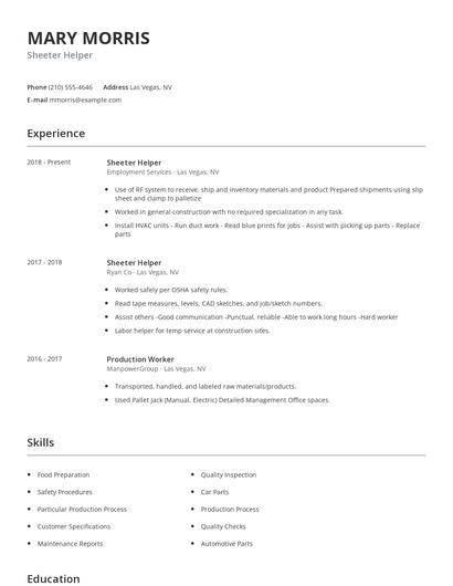 Sheeter Helper Resume