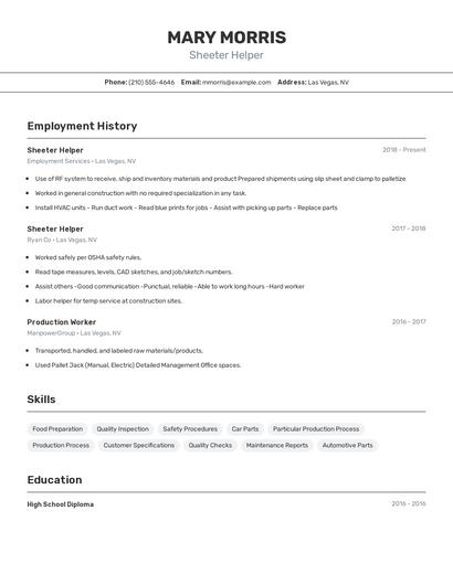 Sheeter Helper Resume