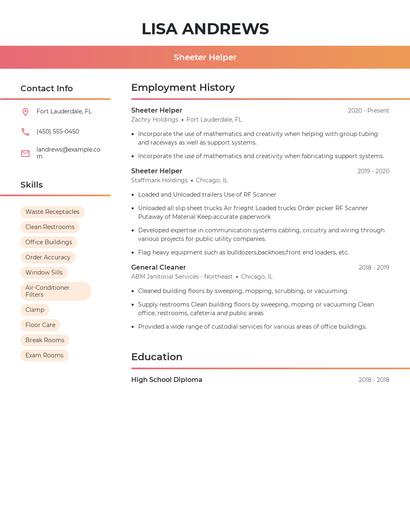 Sheeter Helper Resume