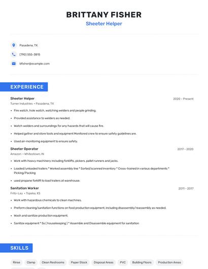 Sheeter Helper Resume