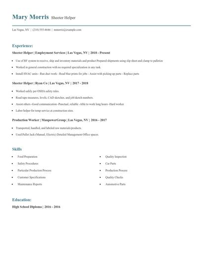 Sheeter Helper Resume