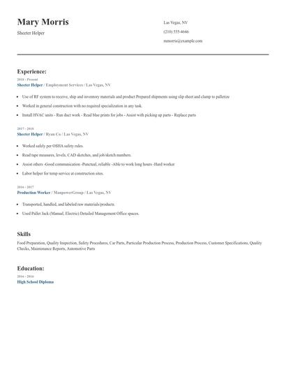 Sheeter Helper Resume