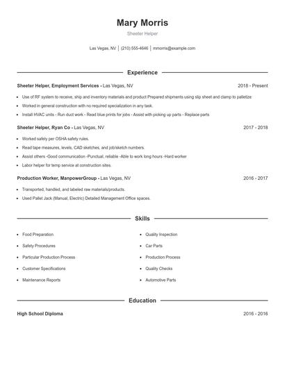 Sheeter Helper Resume