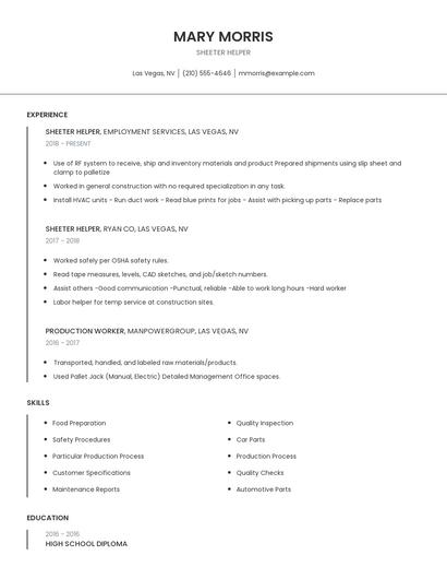 Sheeter Helper Resume