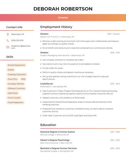 Sheeter Resume