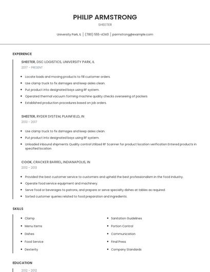 Sheeter Resume