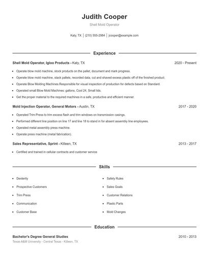 Shell Mold Operator Resume