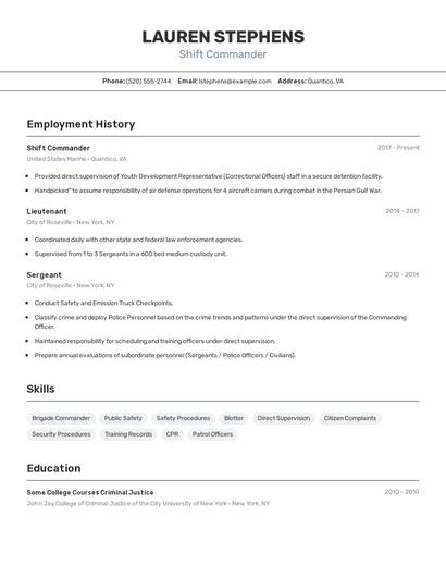 Shift Commander Resume