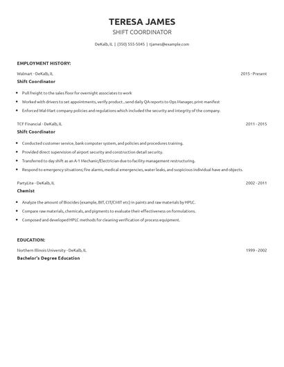 Shift Coordinator Resume