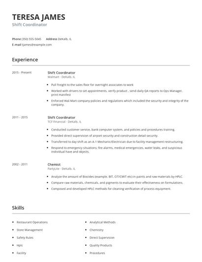 Shift Coordinator Resume