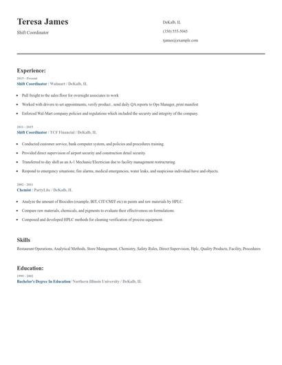 Shift Coordinator Resume