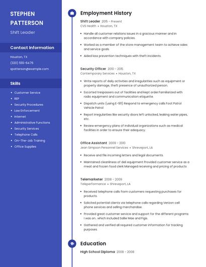 Shift Leader Resume