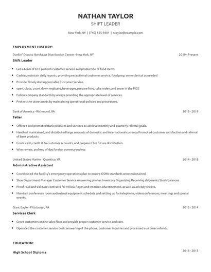 Shift Leader Resume