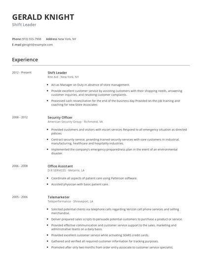 Shift Leader Resume