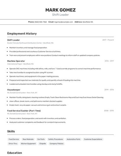 Shift Leader Resume