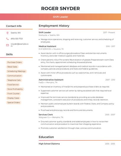 Shift Leader Resume