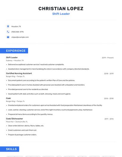 Shift Leader Resume