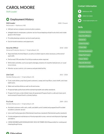 Shift Leader Resume