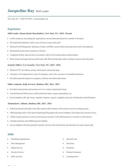 Shift Leader Resume