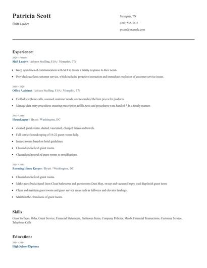 Shift Leader Resume