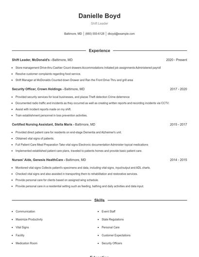 Shift Leader Resume