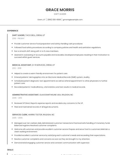 Shift Leader Resume