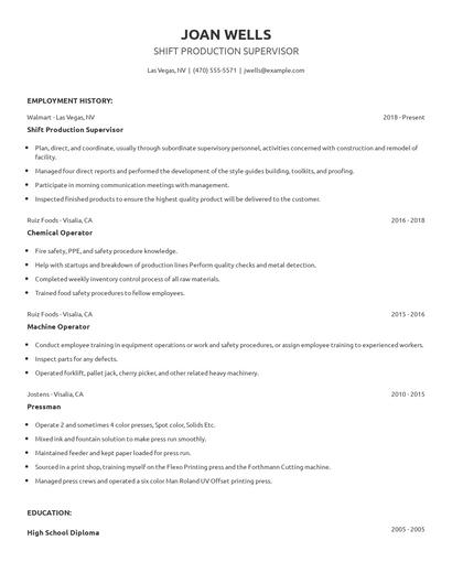 Shift Production Supervisor Resume