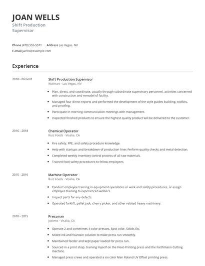 Shift Production Supervisor Resume