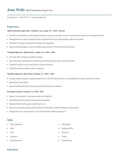 Shift Production Supervisor Resume